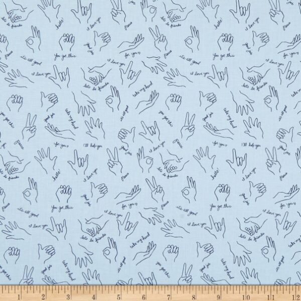 Fat Quarter Helping Hands Sign Language On Blue 100% Cotton Fabric