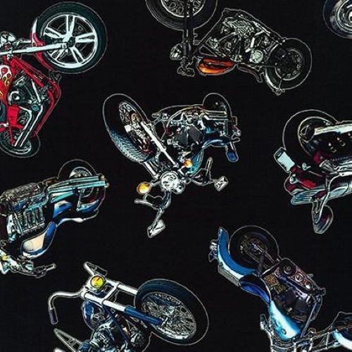 Fat Quarter On The Road Large Motorbikes On Black 100% Cotton Quilting Fabric