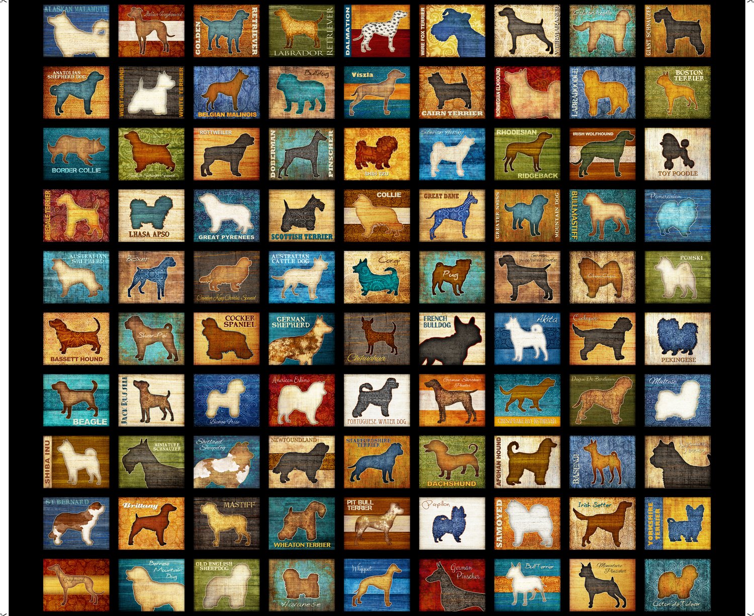 Love My Dog Multiple Dogs On Black Patches Panel 100% Cotton Quilting Fabric