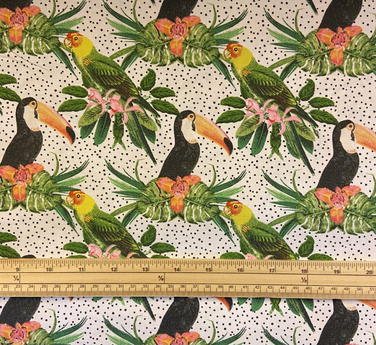 Fat Quarter In The Jungle Toucan, Parrot and Flowers 100% Cotton Quilting Fabric
