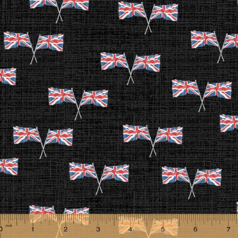 Fat Quarter London Union Jack Flags On Black 100% Cotton Quilting Fabric