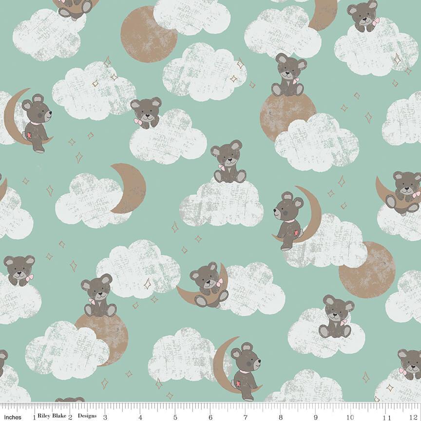 Fat Quarter Sleep Tight Cradled Baby Bear On Mint 100% Cotton Fabric
