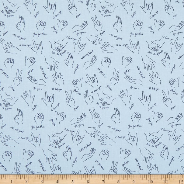 Fat Quarter Helping Hands Sign Language On Blue 100% Cotton Fabric