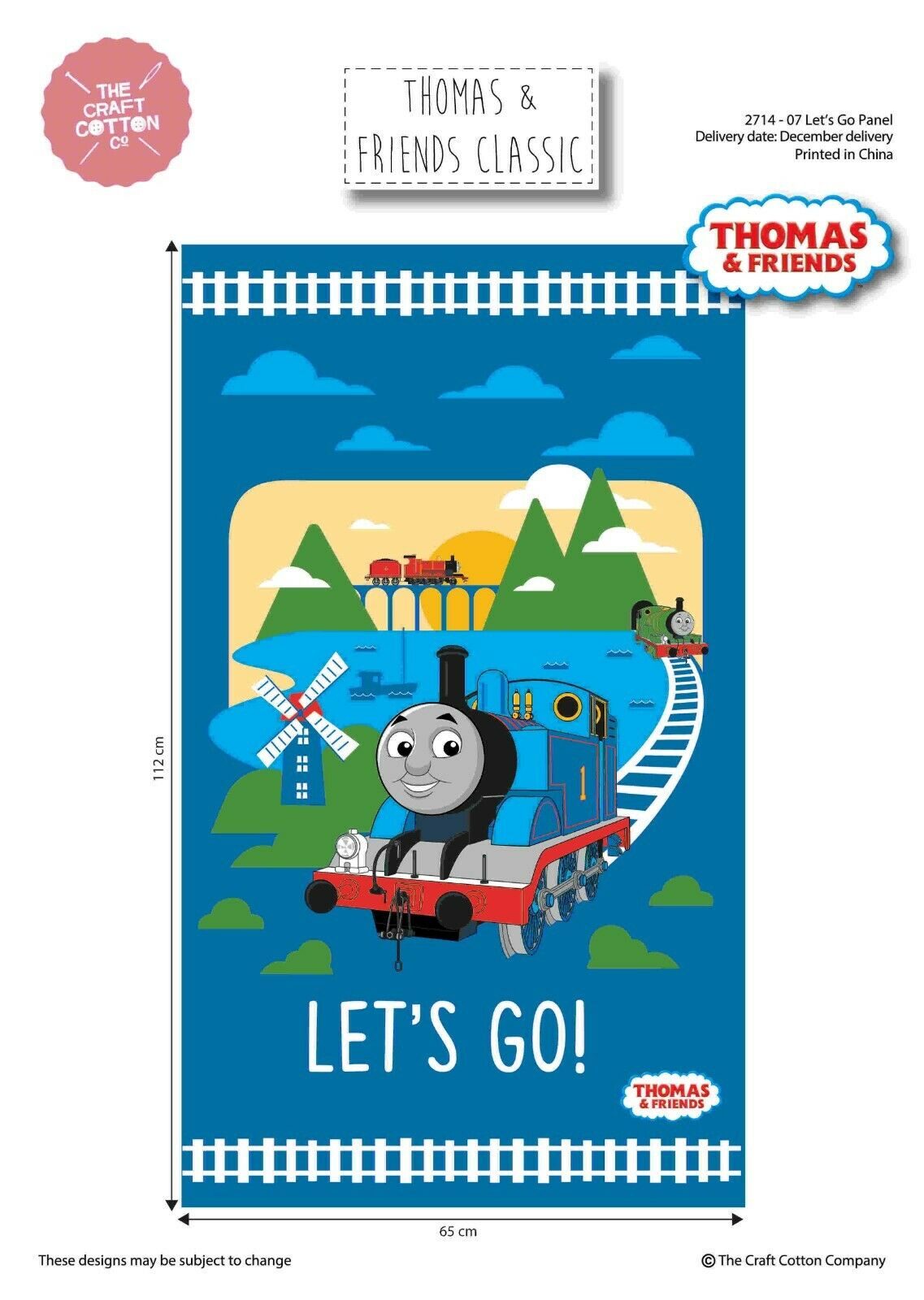 Thomas The Tank Engine Lets Go Blue Panel 100% Cotton Print Fabric