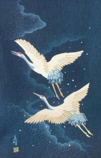 Noren Japanese Cotton Quilting Panel - 2 Flying Cranes - 50cm x 110cm