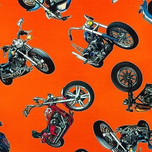 Fat Quarter On The Road Large Motorbikes On Orange 100% Cotton Quilting Fabric