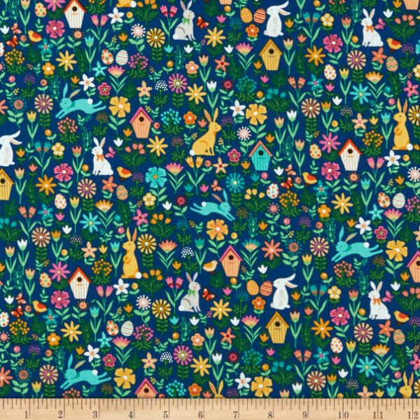 Fat Quarter Easter Spring Allover Flowers Bunnies And Eggs 100% Cotton Quilting Fabric