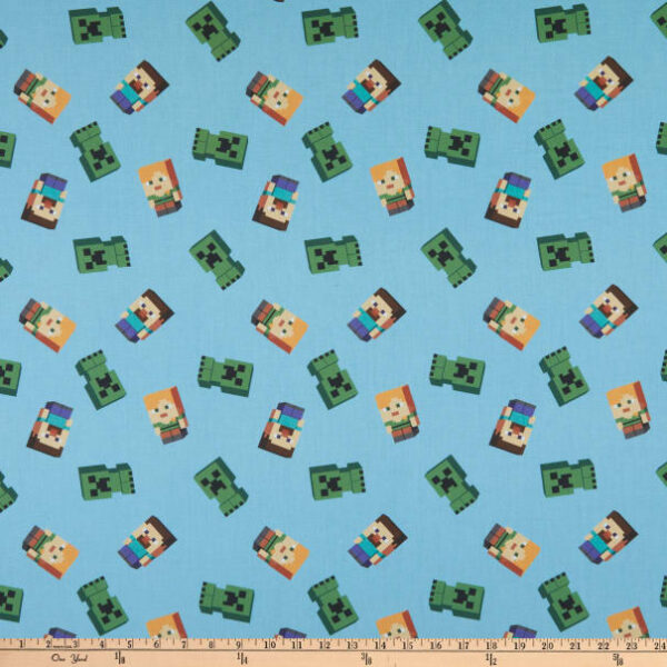 Fat Quarter Minecraft Friends Steve, Alex, And Creeper On Blue 100% Cotton Quilting Fabric