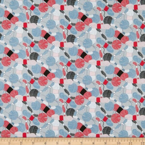 Fat Quarter Crafty Critters Multicolored Wool, Yarn and Knitting Needles On Grey 100% Cotton Fabric