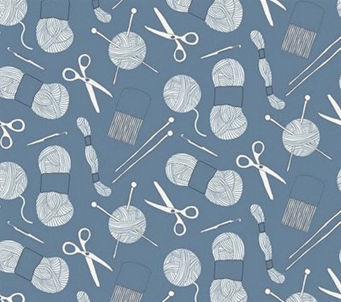 Fat Quarter Crafty Critters Knitting And Crochet Tools On Blue 100% Cotton Fabric