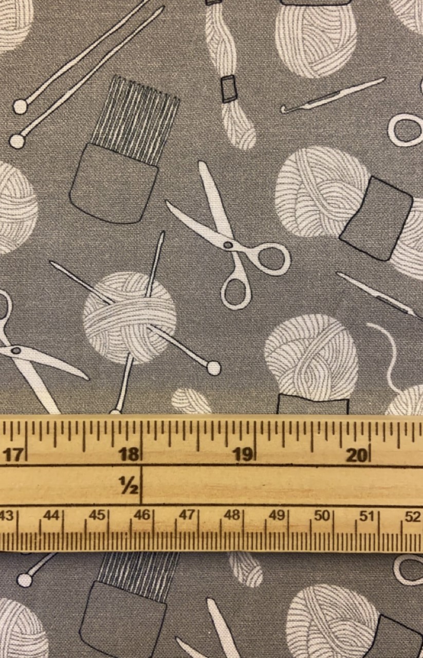 Fat Quarter Crafty Critters Knitting And Crochet Tools On Grey 100% Cotton Fabric
