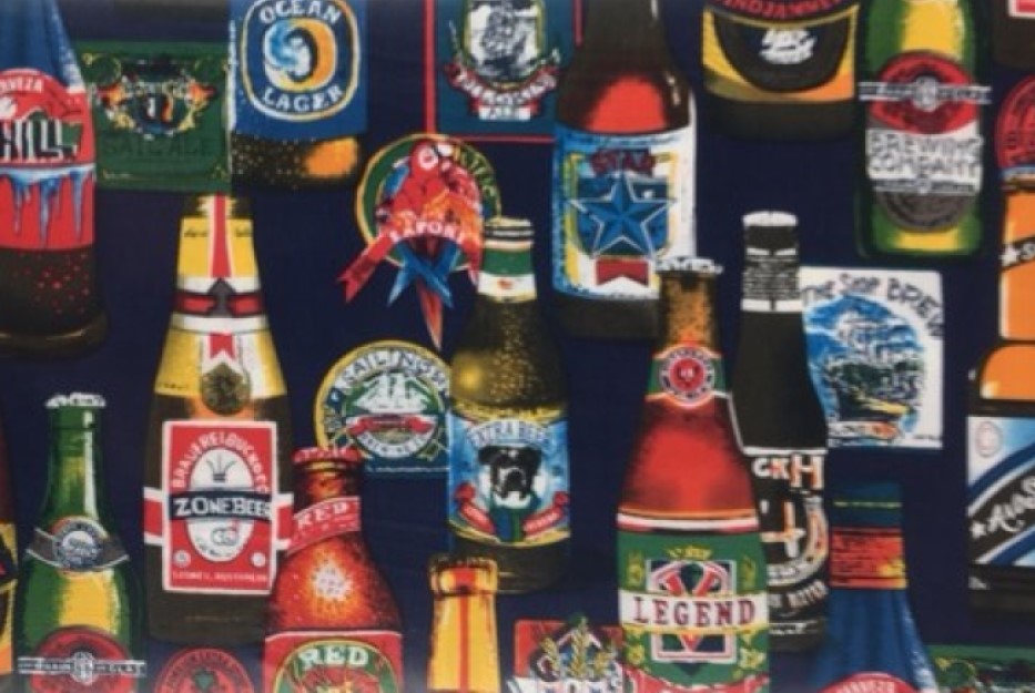 Fat Quarter Larger Bottles Beer Bottle 100% Cotton Quilting Fabric - Navy