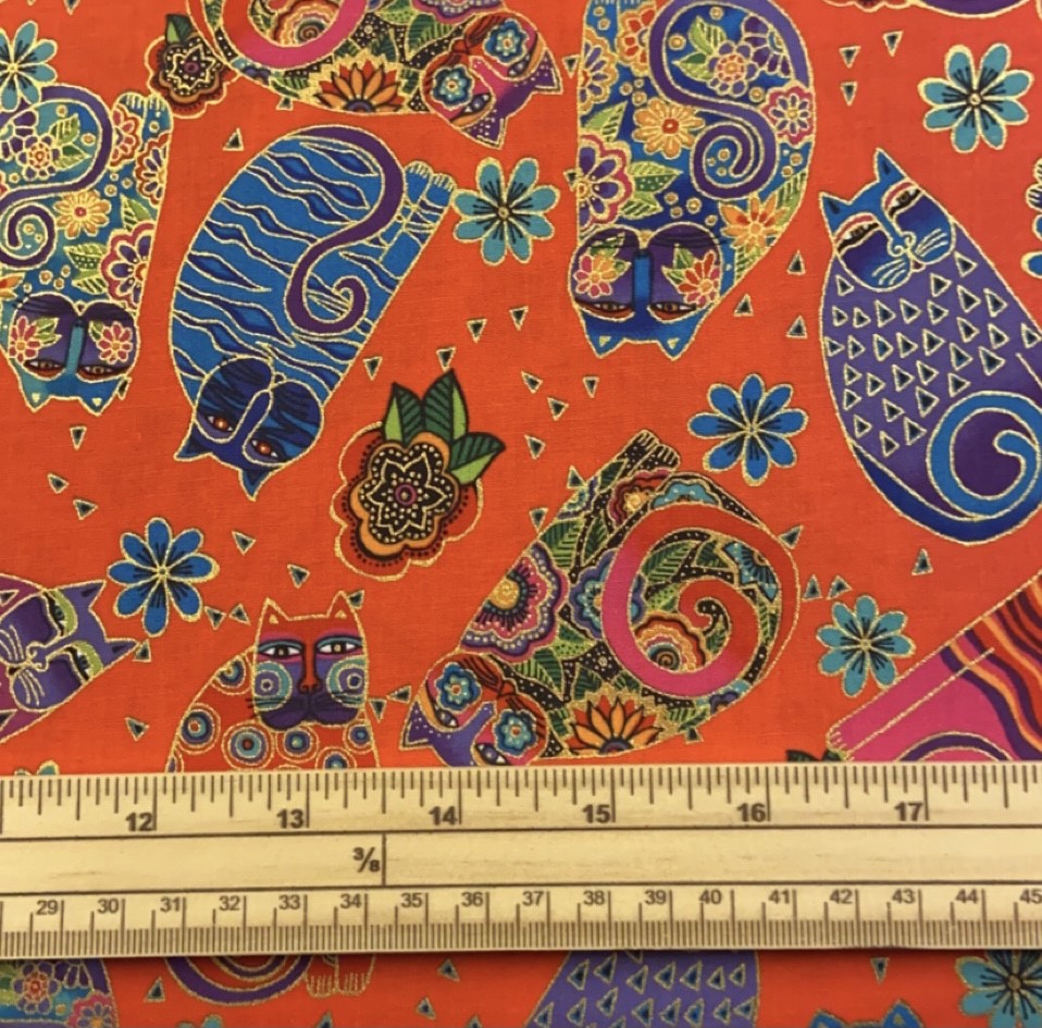 Fat Quarter Feline Frolic Laurel Burch Metallic Orange Cats 100% Cotton Quilting Fabric