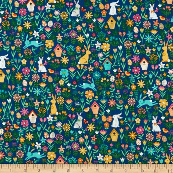 Fat Quarter Easter Spring Allover Flowers Bunnies And Eggs 100% Cotton Quilting Fabric