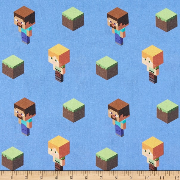 Fat Quarter Minecraft Steve, Alex And Dirt Block On Blue 100% Cotton Quilting Fabric