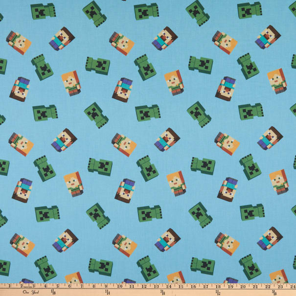 Fat Quarter Minecraft Friends Steve, Alex, And Creeper On Blue 100% Cotton Quilting Fabric