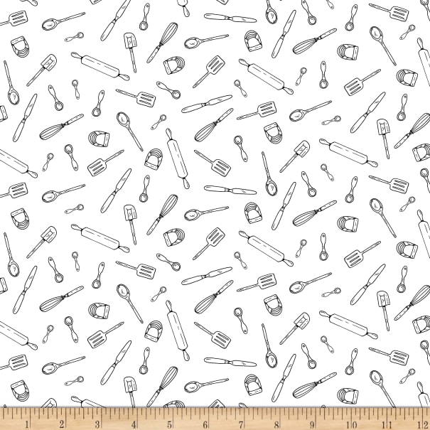 Fat Quarter Chefs Special Kitchen Cooking Utensils On White 100% Cotton Quilting Fabric