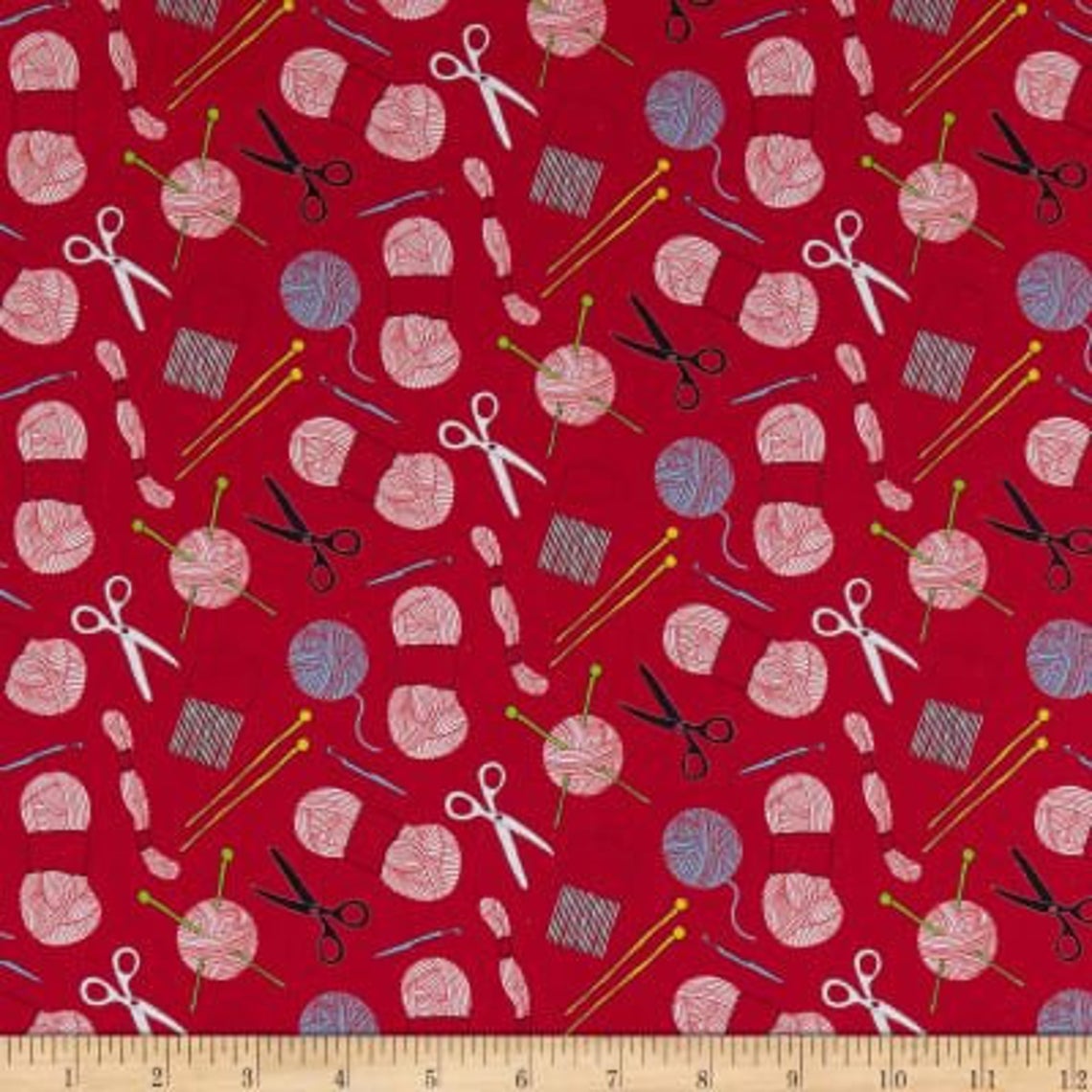 Fat Quarter Crafty Critters Knitting And Crochet Tools On Red 100% Cotton Fabric