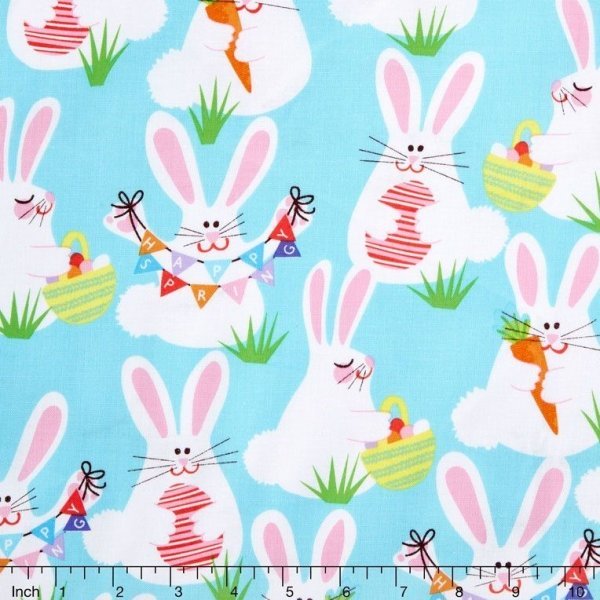 Fat Quarter Funny Bunnies Easter White Fluffy Bunnies With Eggs 100% Cotton Quilting Fabric