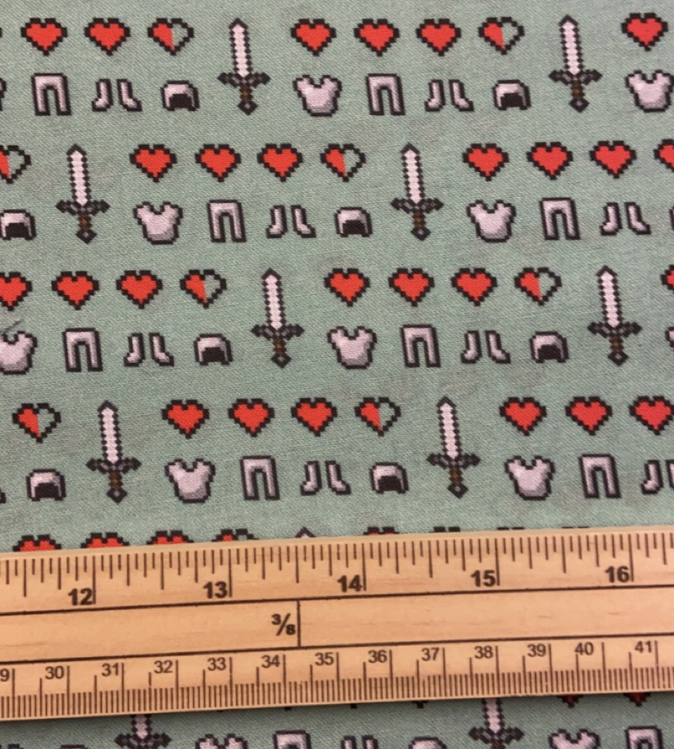 Fat Quarter Minecraft Icons, Health, Armor On Teal 100% Cotton Quilting Fabric