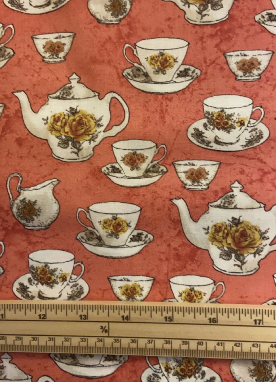 Fat Quarter Afternoon Tea Teacups, Pot And Saucers On Salmon Pink 100% Cotton Quilting Fabric