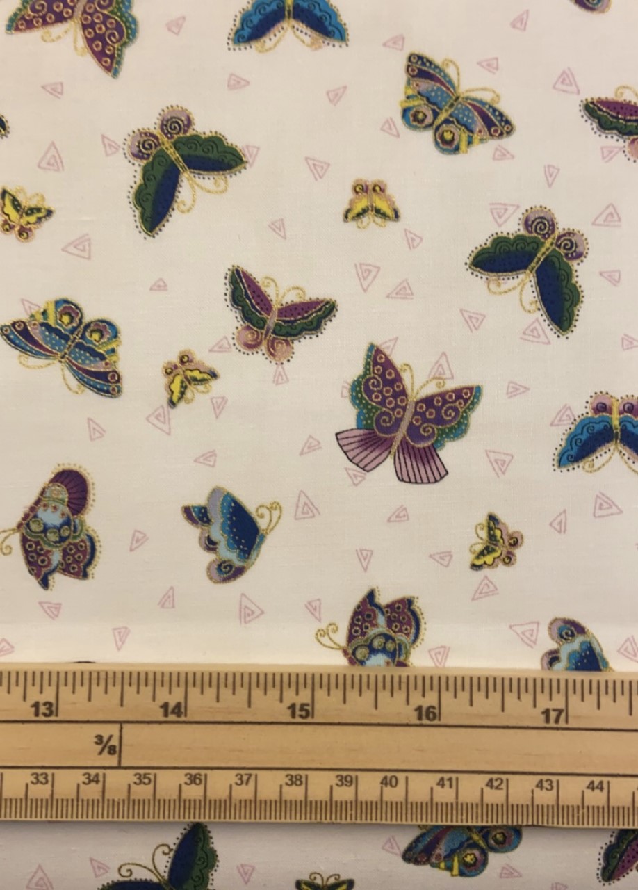 Fat Quarter Feline Frolic Laurel Burch Metallic Butterflies On White 100% Cotton Quilting Fabric