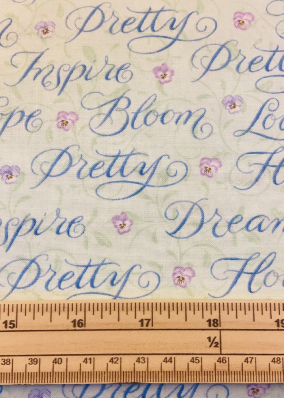 Fat Quarter Pretty As A Pansy Floral Words On Green 100% Cotton Fabric