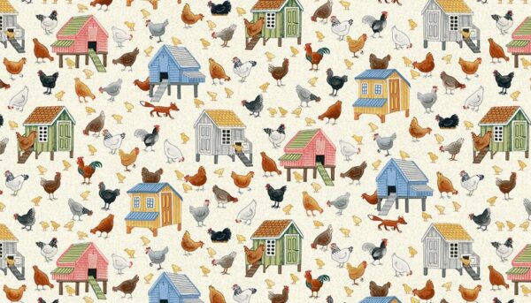 Fat Quarter Village Life Chickens And Coops On Cream 100% Cotton Quilting Fabric