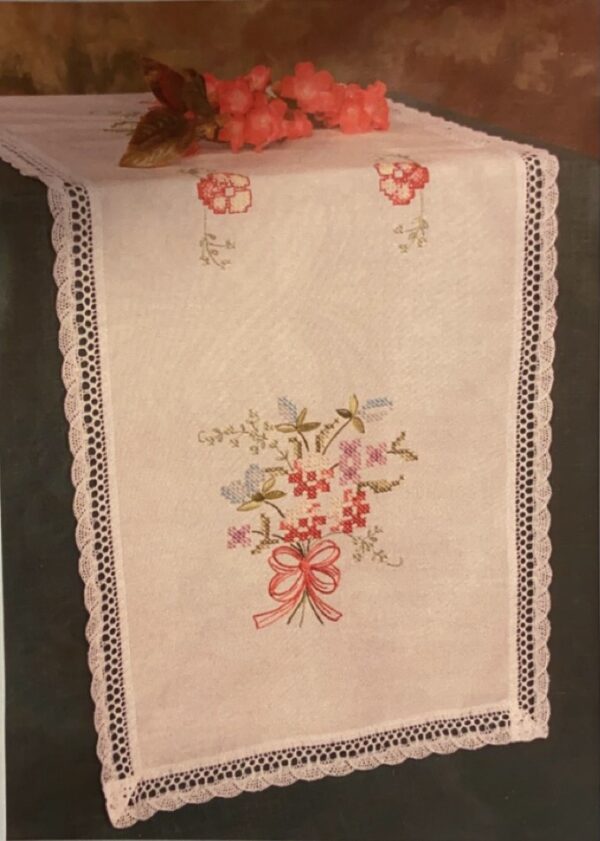 Lace Table Runner Floral (Pink) Stamped Cross Stitch Kit - 16" x 40"