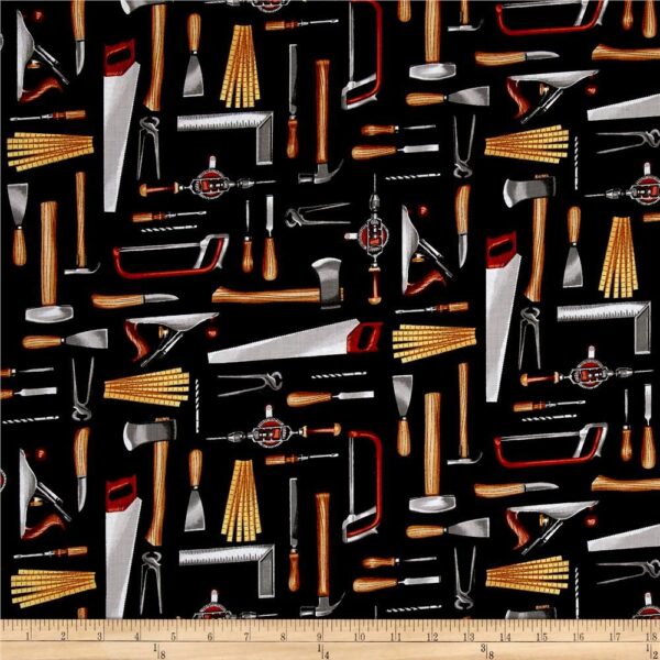 Fat Quarter Craft Mans Tools On Black 100% Cotton Quilting Fabric