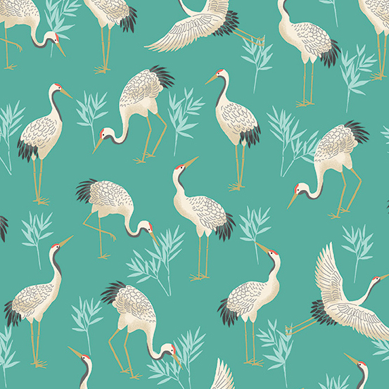 Fat Quarter Michiko Japanese Cranes On Turquoise 100% Cotton Quilting Fabric