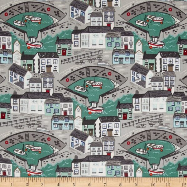 Fat Quarter Harbour Side Town Green 100% Cotton Quilting Fabric