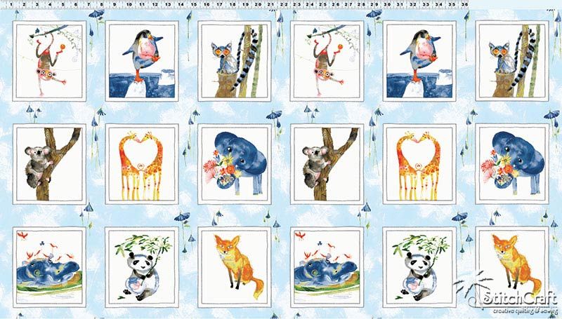 Friends In Wild Places Animals 18 Piece Panel 100% Cotton Print Fabric
