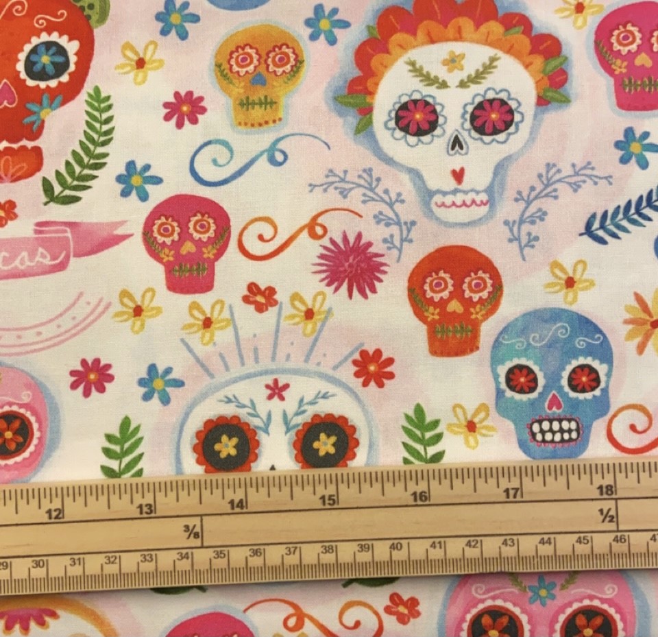 Fat Quarter Rainbow Sugar Skulls Blush On White 100% Cotton Quilting Fabric