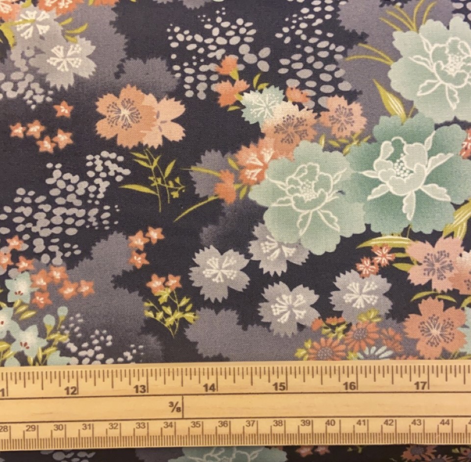 Fat Quarter Asami Large Japanese Flowers On Dark Grey 100% Cotton Fabric