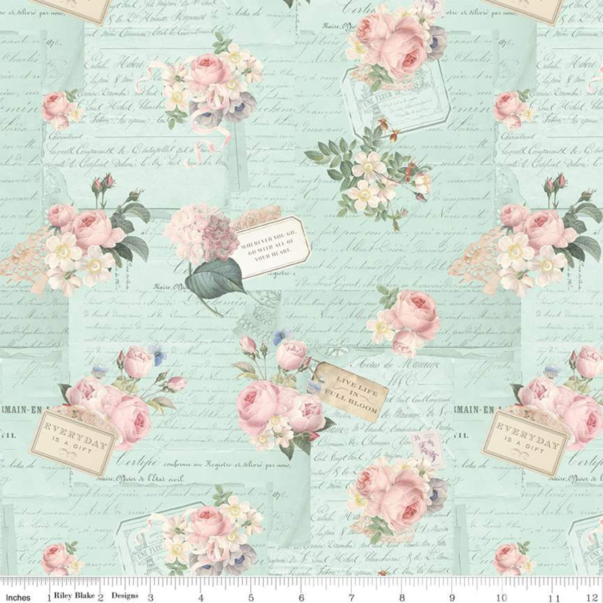 Fat Quarter Rose And Violets Garden Roses On Writing Teal Songbird 100% Cotton Quilting Fabric