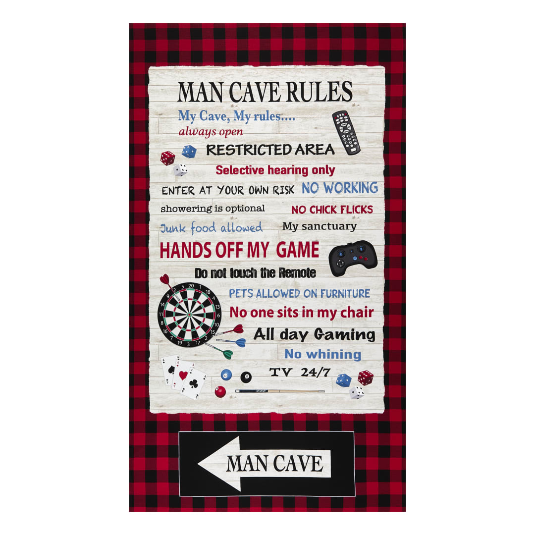Man Cave Rules Sign Panel 100% Cotton Print Fabric