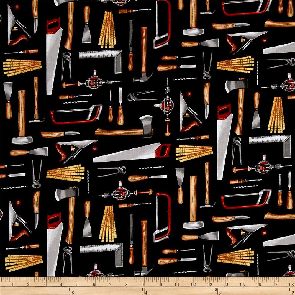 Fat Quarter Craft Mans Tools On Black 100% Cotton Quilting Fabric