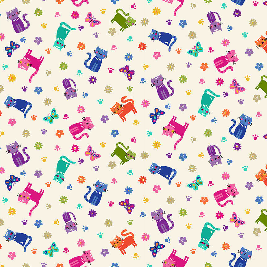 Fat Quarter Katie's Cats Rainbow Cats Scattered And Flowers On Cream 100% Cotton Quilting Fabric