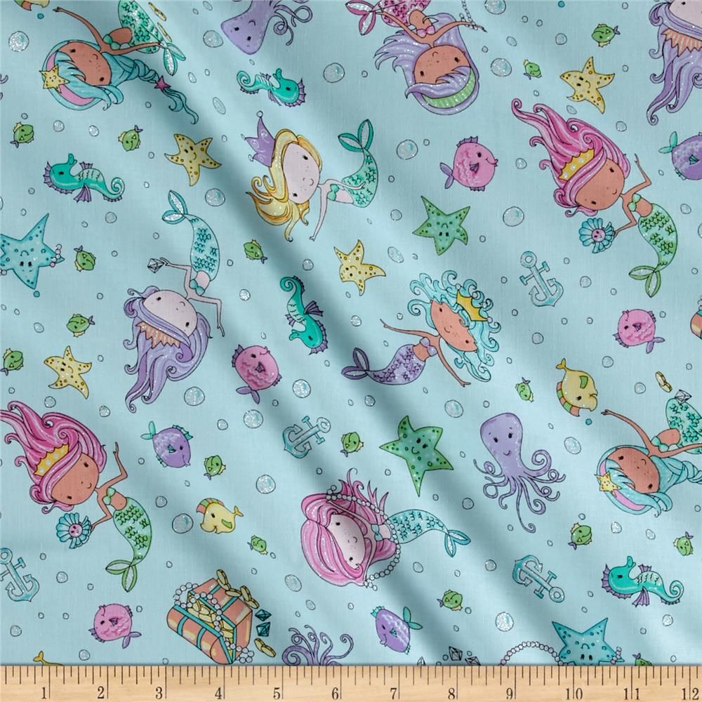 Fat Quarter Glitter Mermaids Treasure And Animal Friends100% Cotton Quilting Fabric