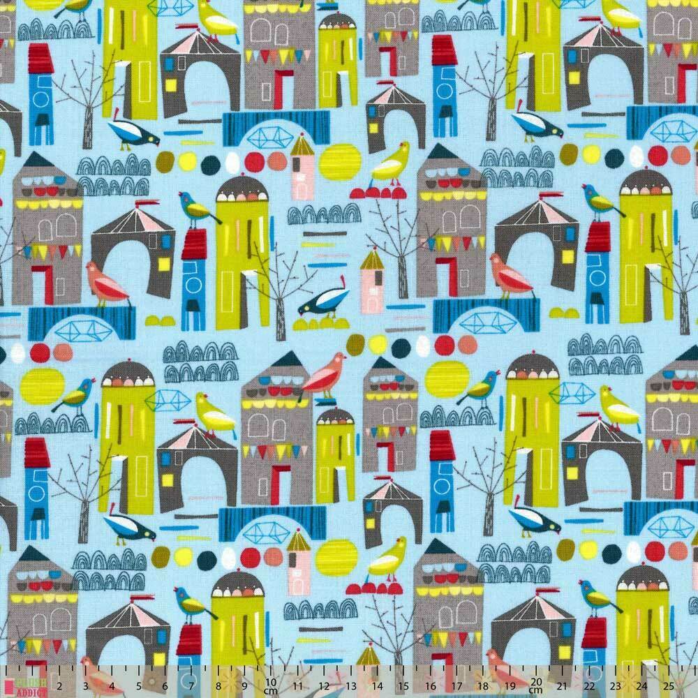 Fat Quarter Neighborhood Houses Birds 100% Cotton Quilting Fabric