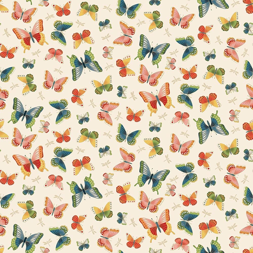 Fat Quarter Michiko Japanese Metallic Butterflies On Cream 100% Cotton Quilting Fabric