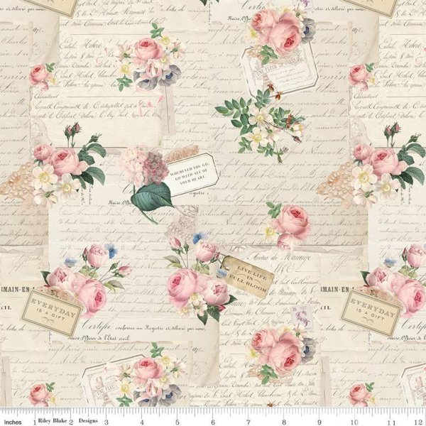 Fat Quarter Rose And Violets Garden Roses On Writing White Parchment 100% Cotton Quilting Fabric