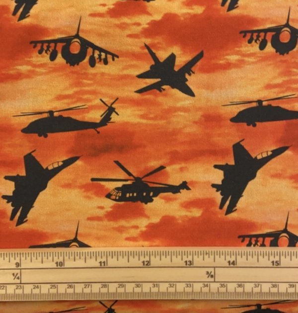 Fat Quarter Battle Zone Jet Fighters And Helicopters Silhouette On Sunset 100% Cotton Quilting Fabric