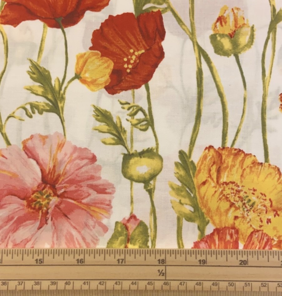 Fat Quarter Poppy Garden Large Flowers On White 100% Cotton Fabric
