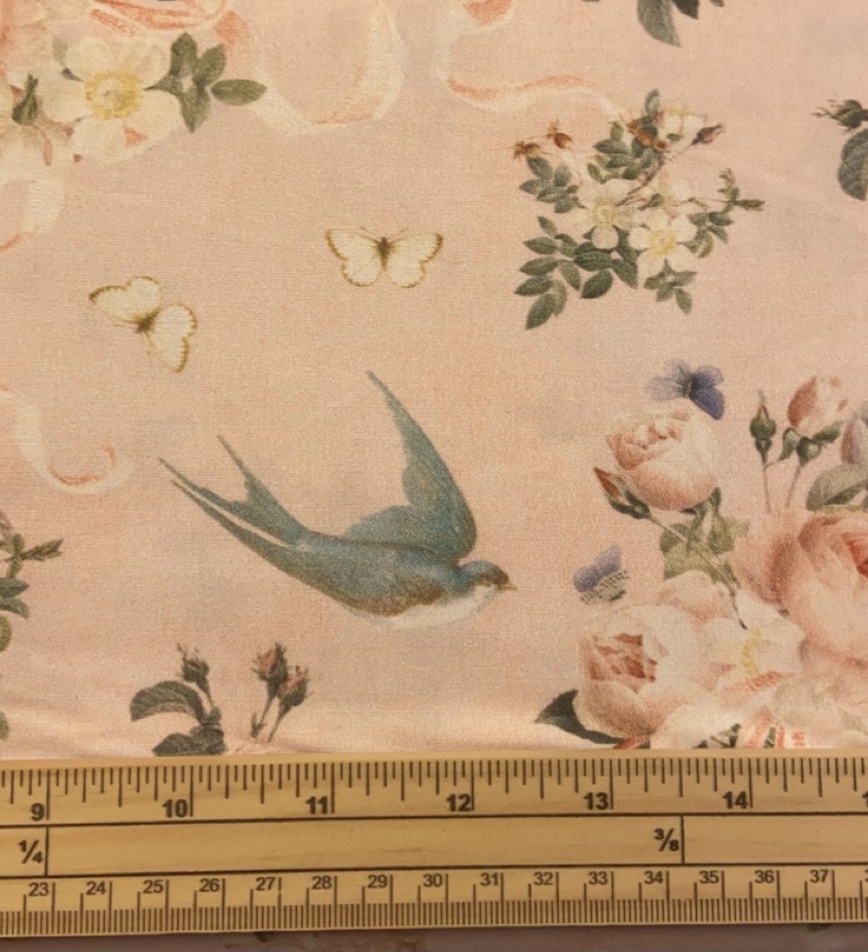 Fat Quarter Rose And Violets Garden Roses And Blue Bird Blush Pink 100% Cotton Quilting Fabric