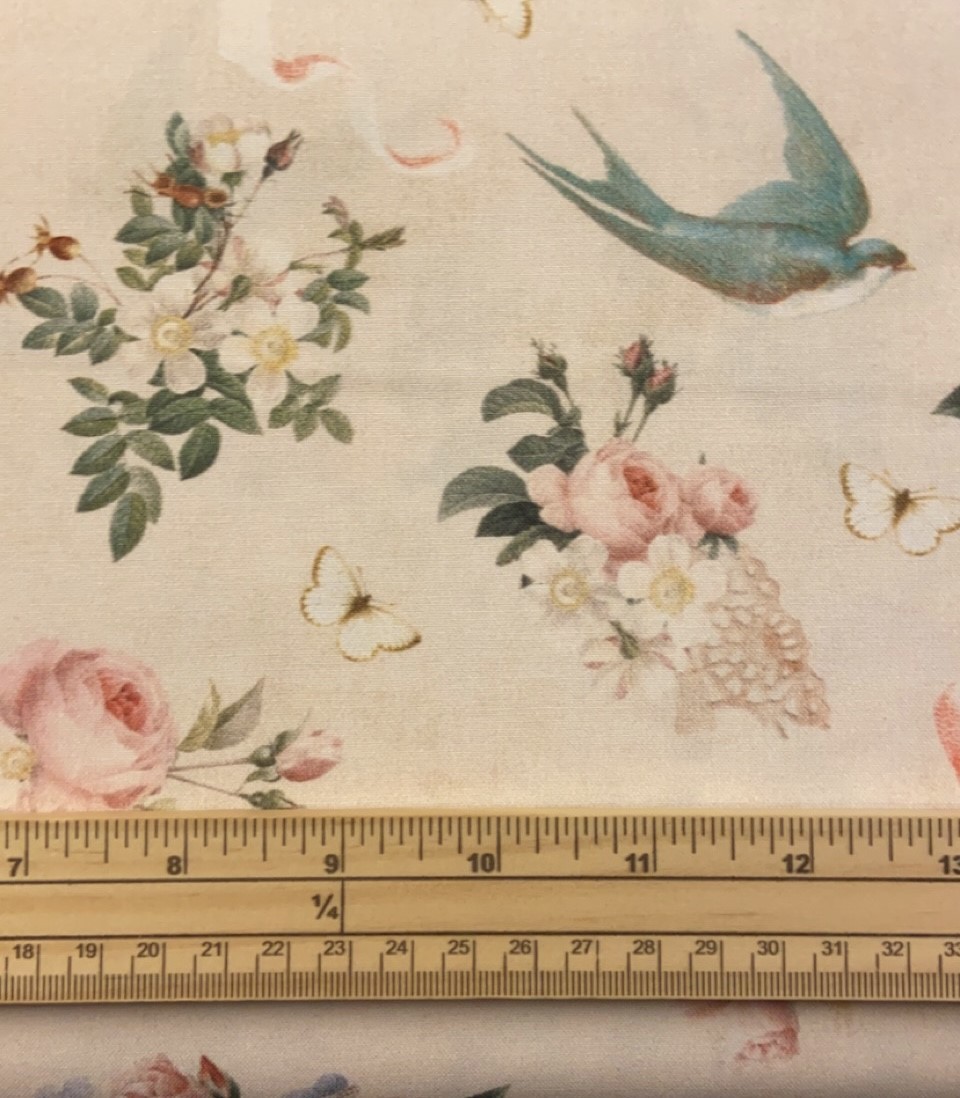 Fat Quarter Rose And Violets Garden Roses And Blue Bird Parchment Cream 100% Cotton Quilting Fabric