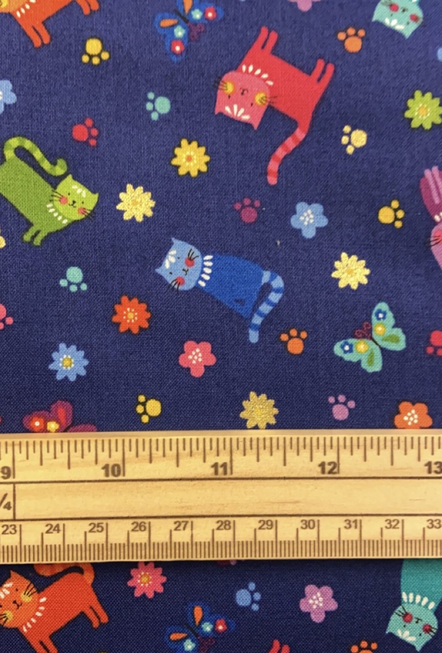 Fat Quarter Katie's Cats Rainbow Cats Scattered And Flowers On Dark Blue 100% Cotton Quilting Fabric