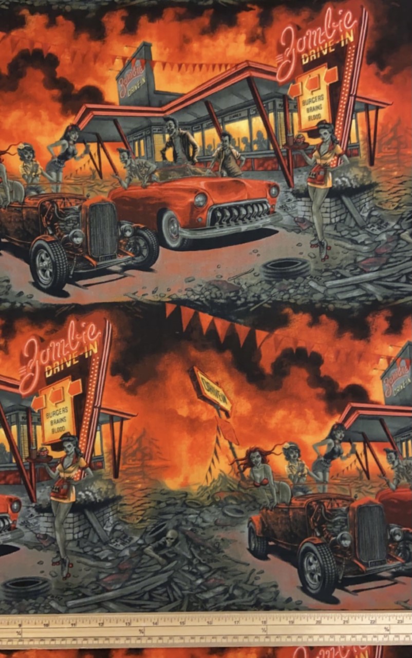 Fat Quarter Zombie Apocalypses Drive In 100% Cotton Quilting Fabric