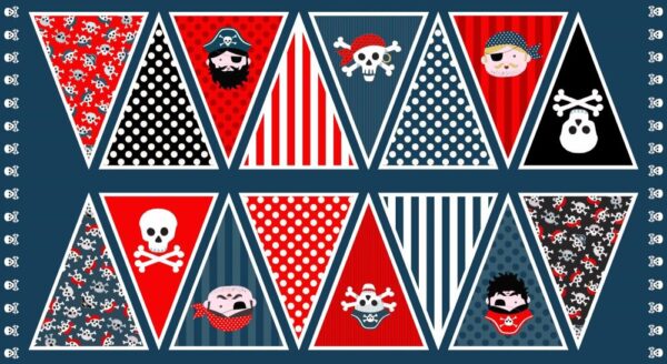 Boys Pirate Skulls Bunting 100% Cotton Quilting Panel Fabric